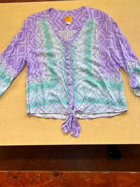 Ruby Rd Purple Teal Floral Button Up Blouse Shirt Tie Front Petite XL